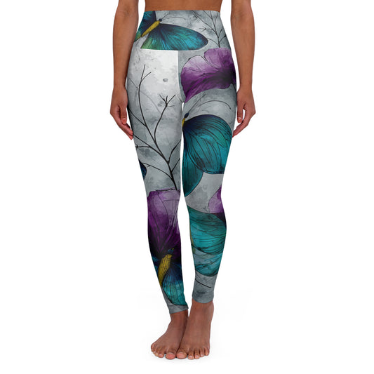 Butterfly Floral High-Waist Yoga Leggings — Teal & Purple All-Over Print