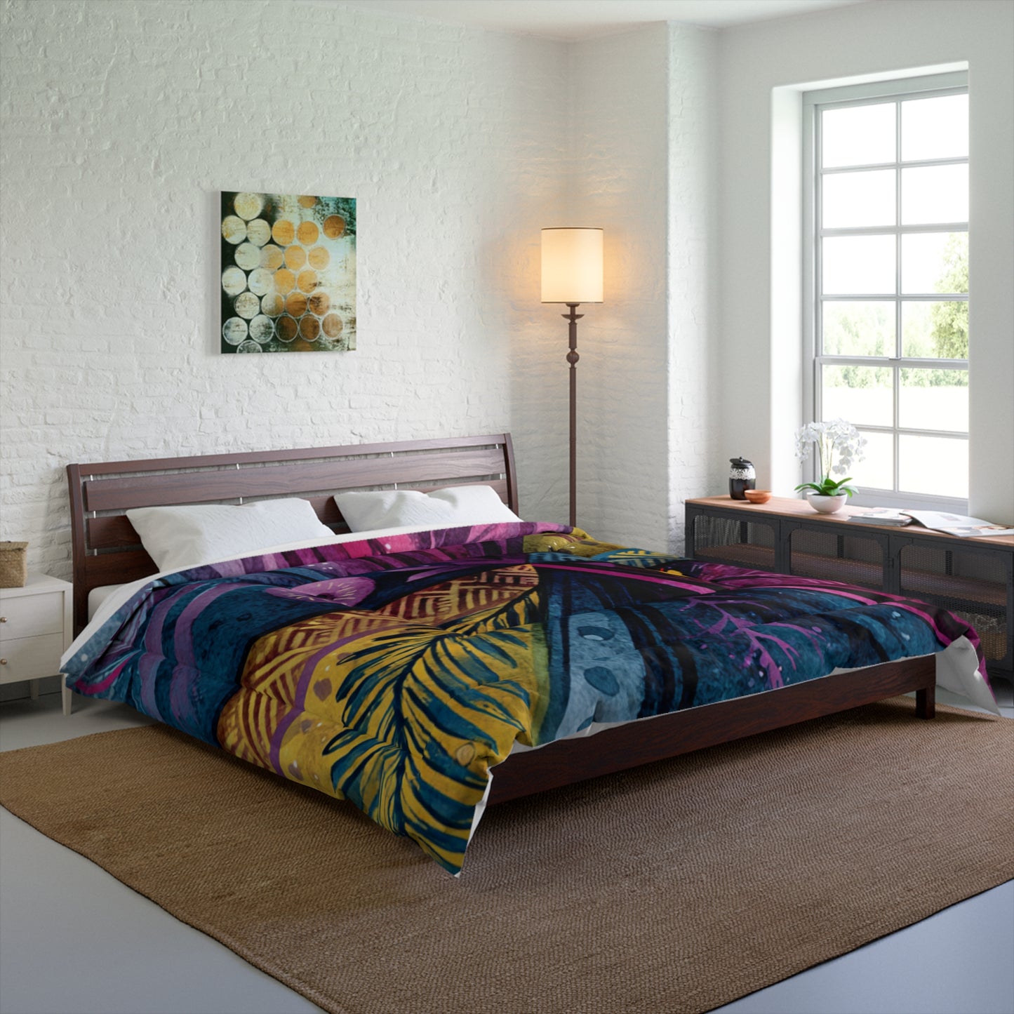 Boho Watercolor Feather Comforter – Vibrant Tribal Cross Pattern
