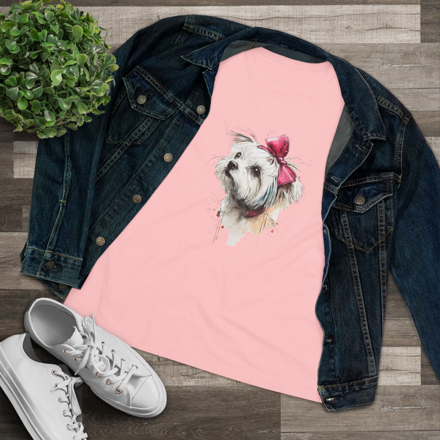Shih Tzu Watercolor Tee — Cute Dog Portrait T‑Shirt with Pink Bow