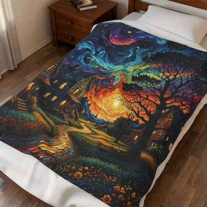 Velveteen Plush Blanket — Starry Sunset Village Fleece Throw