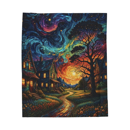 Velveteen Plush Blanket — Starry Sunset Village Fleece Throw