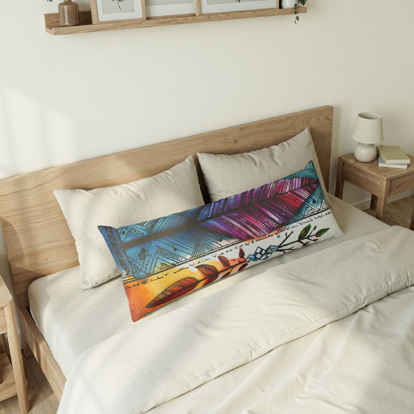 Feather Boho Body Pillow — Colorful Tribal Feather Accent Pillow