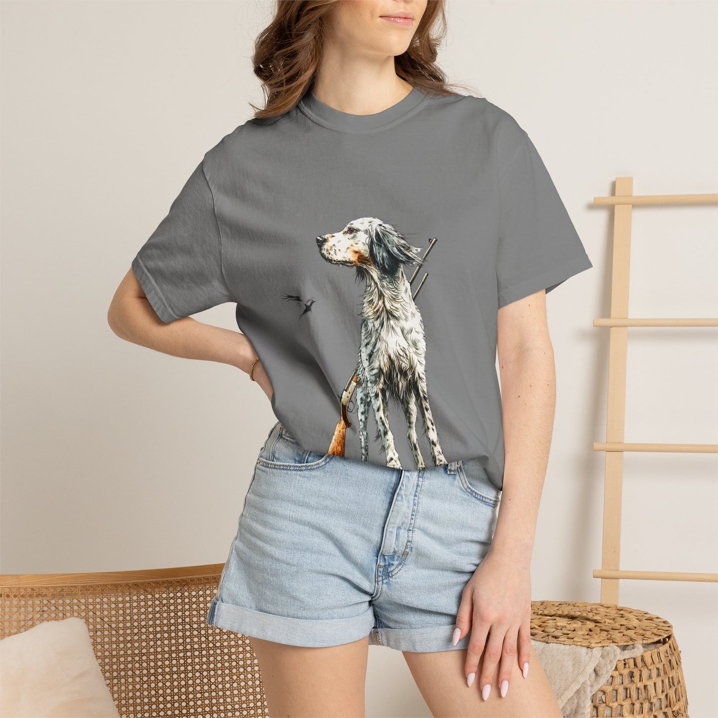 Hunting Dog Graphic T-Shirt — Watercolor Pointer with Shotgun Design