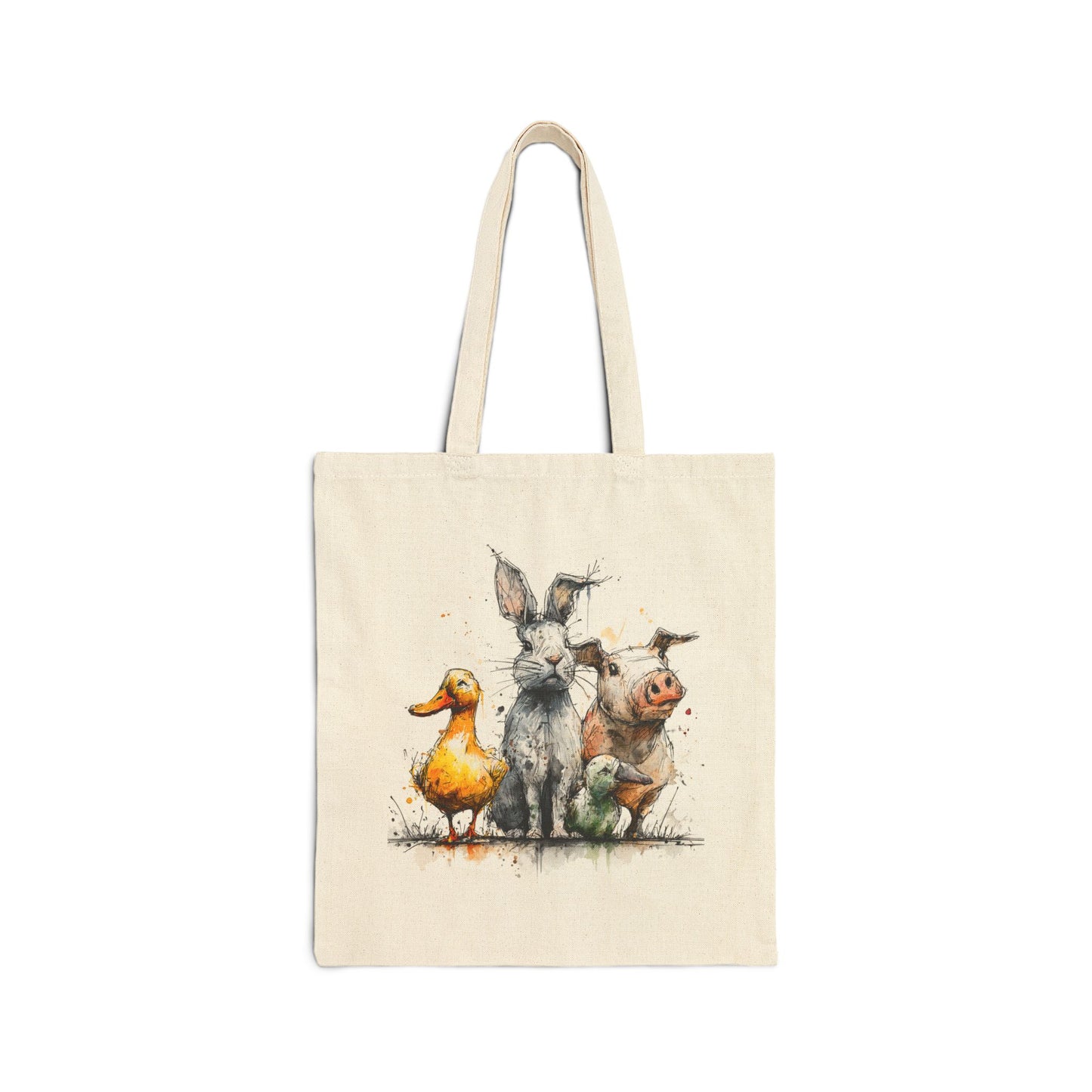 Canvas Tote Bag — Watercolor Farm Animals Duck Donkey Pig Illustration